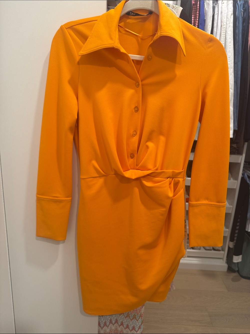 Zara Bright Orange Long-Sleeve Twist-Waist Shirt Dress